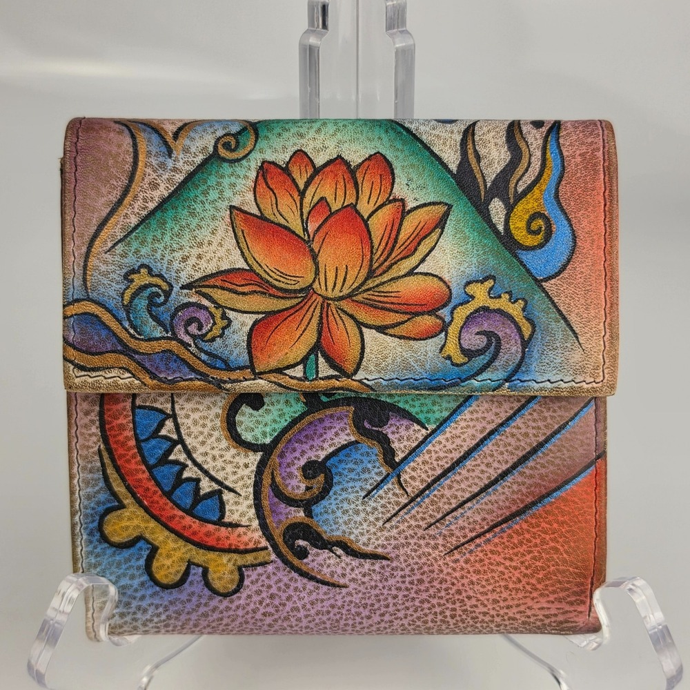 Anuschka Hand Painted Leather Trifold Wallet Lotus Flower Kiss Lock Coin Purse